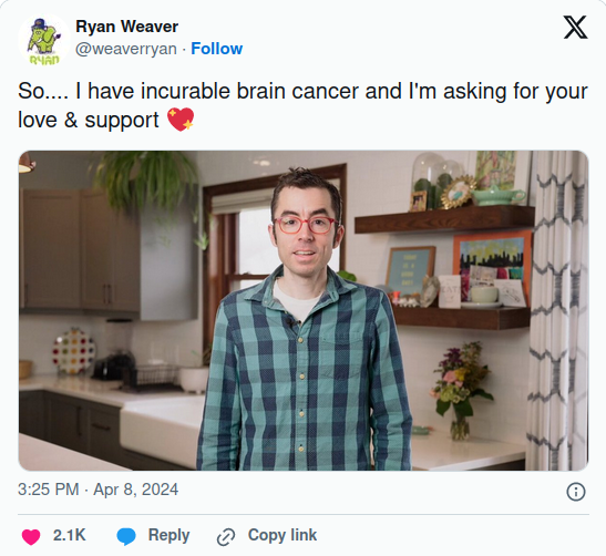 Ryan's tweet announcing he has brain cancer